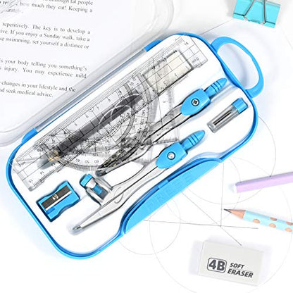 Vobou 10 pcs Math Geometry Set Student Supplies,Compass Kit Set (Blue） | Shatterproof Storage Box,Rulers,Protractor,Compass,Eraser,Pencil Sharpener,Lead Refills,Pencil,for School and Drawing - color: Blue-01