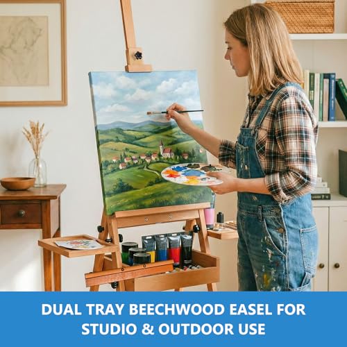 Falling in Art Large Wooden Painting Easel with Storage Drawer and Palettes | H-Frame Studio Easel Stand Holds Canvas up to 36 Inches, Suitable for Adults, Beginners, and Artists, Natural - style: Natural