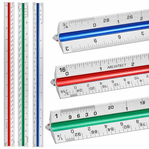 Nicunom 3 Pack Architectural Scale Ruler, 12" Triangular Architect Scale Aluminum Color-Coded Grooves Triangle Ruler for Architects, Students, Draftsman, and Engineers (Imperial)