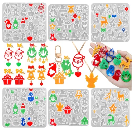 6 Pack Christmas Resin Earring Molds with Holes, Various Shapes Elk Santa Claus Snowman Gingerbread Man Angel Silicone Mold for Earring Pendant Christmas Theme Jewelry Gift - color: 6 Pcs Christmas Theme Earring Molds