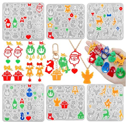 6 Pack Christmas Resin Earring Molds with Holes, Various Shapes Elk Santa Claus Snowman Gingerbread Man Angel Silicone Mold for Earring Pendant Christmas Theme Jewelry Gift - color: 6 Pcs Christmas Theme Earring Molds