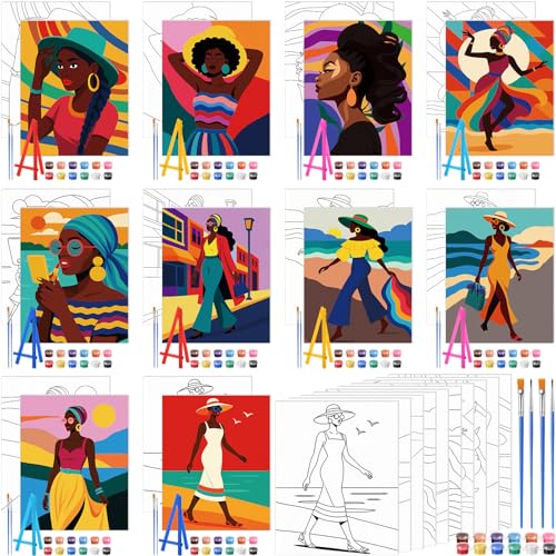 Blosssound 10 Set Pre Printed Canvas Pre Drawn Canvas Painting with Easel Kits 5" x 7" Outline Painting Panels for Beginners, DIY Craft Project, Party Favor, Home Decors(Modern Lady) - style: Modern Lady