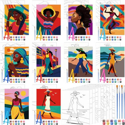 Blosssound 10 Set Pre Printed Canvas Pre Drawn Canvas Painting with Easel Kits 5" x 7" Outline Painting Panels for Beginners, DIY Craft Project, Party Favor, Home Decors(Modern Lady) - style: Modern Lady