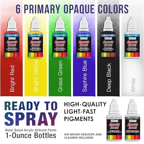 U.S. Art Supply Airbrush Paint Set, 6 Color Primary Opaque, 1-oz Bottles | Ready to Spray Air brush Paint, Water-Based Acrylic with Reducer & Cleaner for Painting Metal, Plastic Models, Canvas, Wood - color: 6-Color Primary Set