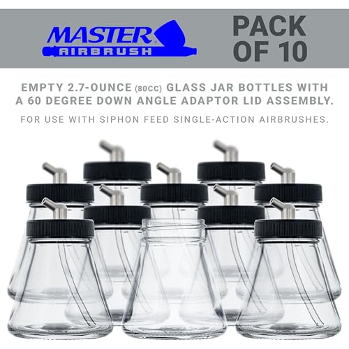 Master Airbrush (Pack of 10) TB-004 Empty 2.7-Ounce (80cc) Glass Jar Bottles with 60° Down Angle Adaptor Lid Assembly - Fits Single-Action Siphon Feed Airbrushes, Use with Master Badger Paasche, Iwata - size: 2.7oz - Glass - 60°