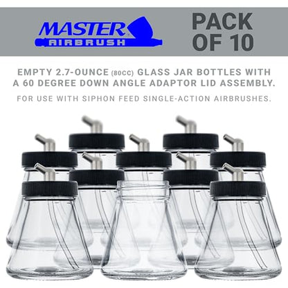 Master Airbrush (Pack of 10) TB-004 Empty 2.7-Ounce (80cc) Glass Jar Bottles with 60° Down Angle Adaptor Lid Assembly - Fits Single-Action Siphon Feed Airbrushes, Use with Master Badger Paasche, Iwata - size: 2.7oz - Glass - 60°