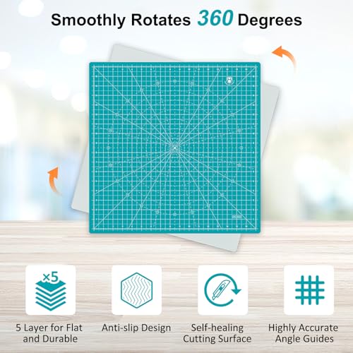 17"x17" Rotating Cutting Mat, Self Healing Mat with 360-Degree Rotation & Anti-Slip Base, Sewing Board Cutting Mat Perfect for Fabric Quilting Leather Hobby Project, Turquoise - color: Turquoise, size: 17"L x 17"W