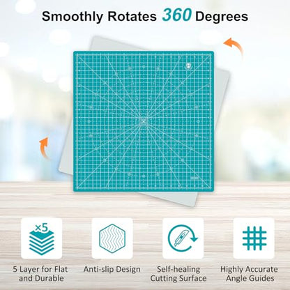 17"x17" Rotating Cutting Mat, Self Healing Mat with 360-Degree Rotation & Anti-Slip Base, Sewing Board Cutting Mat Perfect for Fabric Quilting Leather Hobby Project, Turquoise - color: Turquoise, size: 17"L x 17"W