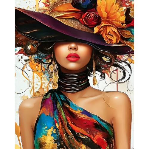 NXIKYO Colorful Woman Paint by Number for Adults Beginners, Wearing a Hat Adults Paint by Numbers Kits on Canvas, DIY Oil Painting Acrylic Paints for Home Wall Art Decor(16x20inch) - color: yellow#YH028
