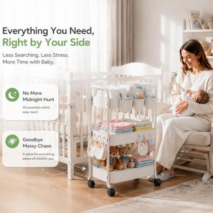 3 Tier Rolling Cart Metal with Wheels, Heavy Duty White Three Tiered Craft Cart Organizer on Wheels, Utility Roller Storage Carts for Art, Baby Nursery, Diaper Caddy, Snack,Book,Nail,Cleaning Supplies - color: Pure White