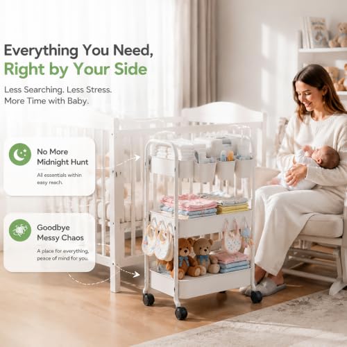 3 Tier Rolling Cart Metal with Wheels, Heavy Duty White Three Tiered Craft Cart Organizer on Wheels, Utility Roller Storage Carts for Art, Baby Nursery, Diaper Caddy, Snack,Book,Nail,Cleaning Supplies - color: Pure White