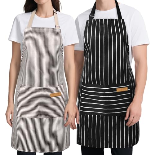 2 Pack Kitchen Cooking Aprons, Soft Aprons for Women Men with 2 Pockets Chef Apron with Adjustable Neck Strap and Long Tie - color: Brown/Black