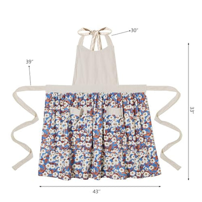 Cute Floral Apron for Women with Pockets, Cotton, Adjustable Straps - color: Beige