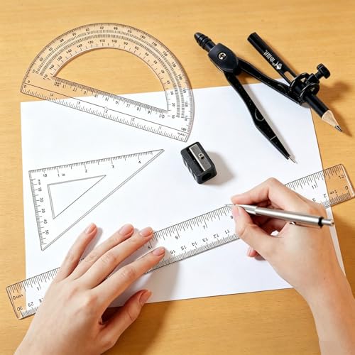 Plastic Geometry Math Set,12 Inch Ruler,Compass,Pencil,Protractor Square | Sharpener Set for Student School Office