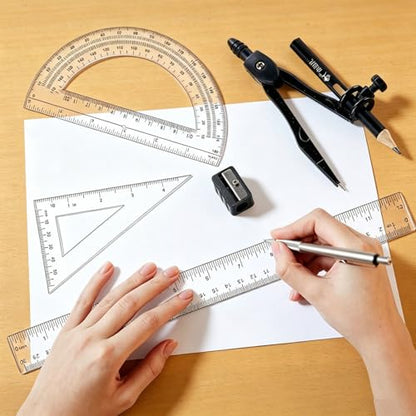 Plastic Geometry Math Set,12 Inch Ruler,Compass,Pencil,Protractor Square | Sharpener Set for Student School Office