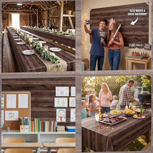 100FT x 54IN Wood Grain Plastic Tablecloth Roll with Slide Cutter Box | Heavy Duty Disposable Rustic Picnic Table Cover & Wall Backdrop, Cut-to-size for Western Party, Bulletin Board Backdrop - color: Wood Grain, size: 1200" x 54" (Rectangular)