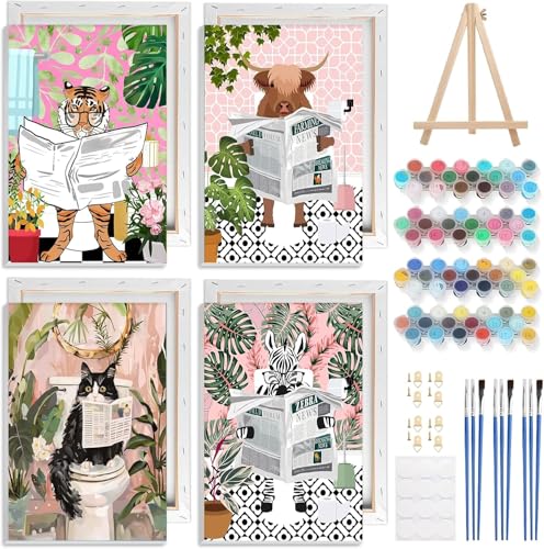 GHHKUD 4Pack Framed Paint by Numbers Animals, for Adults Kids, DIY Animals on The Toilet Read News Painting by Numbers with Frame Wooden Holder,Art on Canvas Gifts Home Wall Decor 20x30cm
