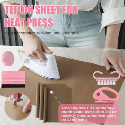 XEUZK Sublimation Shirts Tool Pink Kit With 8T Shirt rulers, 3Pack Teflon Sheet for Heat Press 12 x 16in, Heat Resistant Gloves & Silicone Bumps, 4Rolls Heat Resistant Tape& Tape Dispenser Sublimation - color: Pink