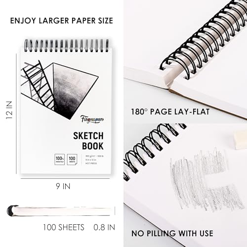 Fingraspuro 9x12 Top Spiral Sketchbook, 160 GSM, 100 Sheets, Hardcover | 108 lb acid-free hot press paper, micro-perforated sheets, for pencil, charcoal, gouache, wet and dry media