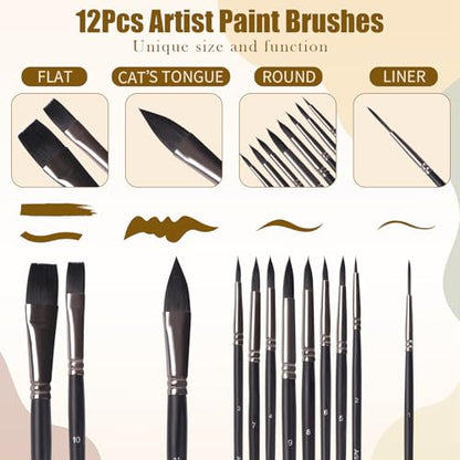Watercolor Paint Brush Set,12Pcs Professional Paint Brushes for Acrylic Painting,Soft Synthetic Fine Hair Oil Paint Brushes,Flat,Round, Cat's Tongue,Liner for Detail Painting and Art Painting