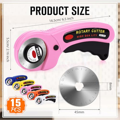 Lothee 15 Pcs Rotary Cutters 45mm Blade Bulk Fabric Cutter Rotary Tools with Handle Safety Lock Quilting Supplies Stainless-Steel Blade for Quilting Sewing Leather Arts Crafts Fabric Paper