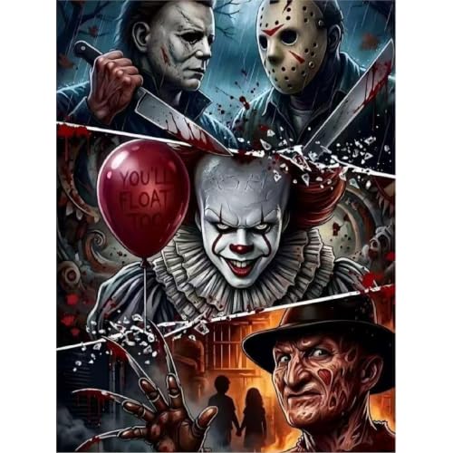 uuxsretaio Halloween Diamond Art Kits for Adults, 5D Horror Movie Diamond Painting Kits for Beginners, DIY Full Round Drill Diamond Dots Gem Arts Crafts Home Wall Decor 12x16 in - color: JX0529