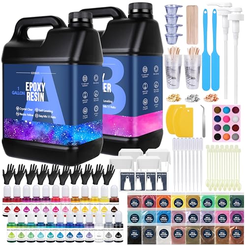 KISREL Epoxy Resin Kit 2 Gallon - Clear Casting Resin for Craft | 24 Pigments + 24 Mica Powders, No Yellowing, Bubble-Free Casting Resin for Art Crafts, Jewelry & Molds (1 Gal x 2) - size: 2Gallon