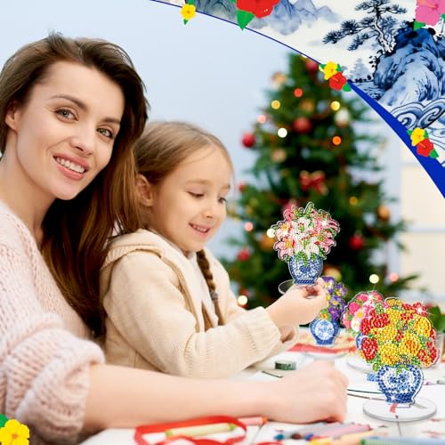 Kosiz 9 Pcs Chinoiserie Flower Diamond Painting Tabletop Decoration, Double Sided Acrylic Porcelain Diamond Art Kit for Adult, DIY 5D Rhinestone Blue White Flower Centerpiece for Table Home Desk Decor - style: Chinoiserie