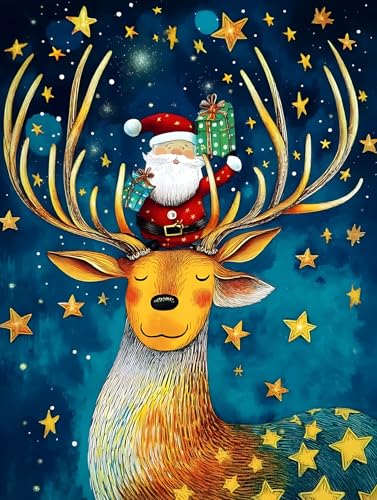 Ohhvvow Magic Christmas Diamond Painting Kit - Santa Standing on Reindeer Head with Gifts, Glittering Stars Sky, 5D Full Drill Round Diamonds & Tools, Holiday DIY Craft Gift for Women Men - color: Santa Claus with deer A