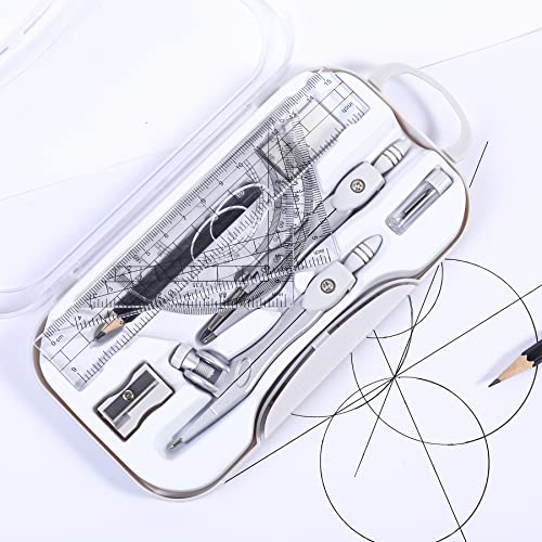 Vobou 10 pcs Math Geometry Set Student Supplies,Compass Kit Set (Grey） | Shatterproof Storage Box,Rulers,Protractor,Compass,Eraser,Pencil Sharpener,Lead Refills,Pencil,for School and Drawing - color: White