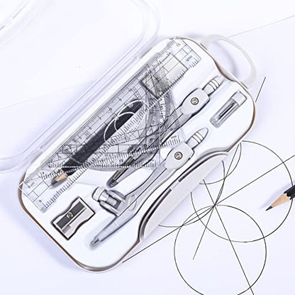 Vobou 10 pcs Math Geometry Set Student Supplies,Compass Kit Set (Grey） | Shatterproof Storage Box,Rulers,Protractor,Compass,Eraser,Pencil Sharpener,Lead Refills,Pencil,for School and Drawing - color: White