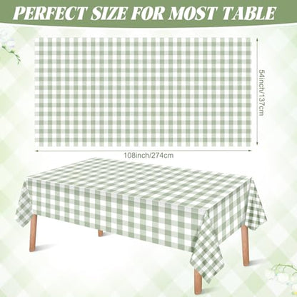 FuWeave 12 Pcs Green and White Checkered Tablecloths Disposable Plastic Gingham Table Cloths Waterproof Rectangle Plaid Table Cover for Wedding Picnic Birthday Party Decor, 54 x 108 Inch - style: Green plaid
