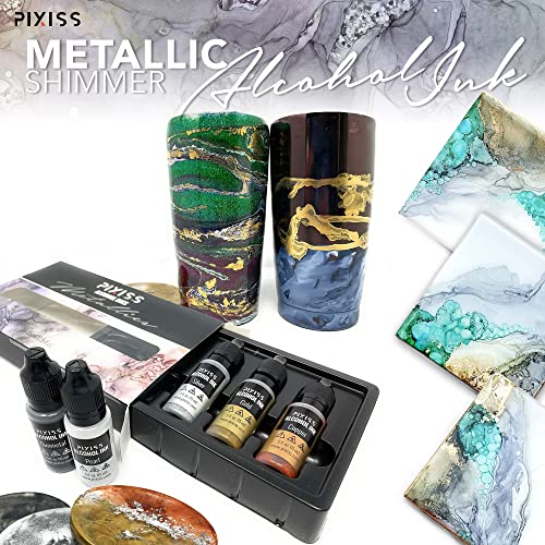 Metallic Alcohol Ink Set, Gold, Silver, Gunmetal, Copper, Pearl, Metallic Mixatives with Extreme Shimmer for Alcohol Ink Paper, Large 0.5 Ounce Inks - color: Metallics