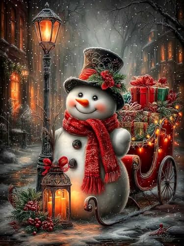 ijbnhd Christmas Snowman Diamond Art Kits for Adults 12x16in | Winter Street Lights Diamond Paintings Kits for Adults, Full Drill Round DIY Crafts Home Wall Decor Gifts - color: Christmas Snowman, size: 12x16in(30x40cm)