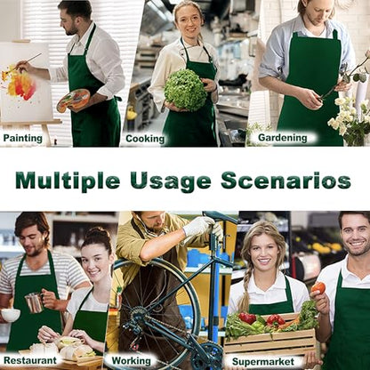 3 Pack Black White Chef Apron, Adjustable Kitchen Apron with 3 Pocket for Men Women Waitress Waiter Serve (Polycotton) - color: Green