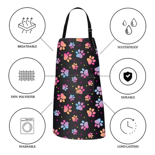 Apron with Pockets, 32x28 inch, for Women Men, Colorful Paw | Dog Animal Paw Waterproof Adjustable Bib Aprons for Kitchen Cooking Baking Painting Gardening - color: Cute Dog Paw