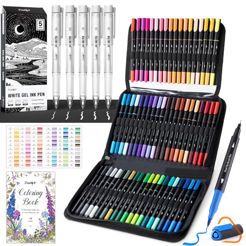 JusArt White Gel Pens + Water Based Coloring Markers 60 Colors