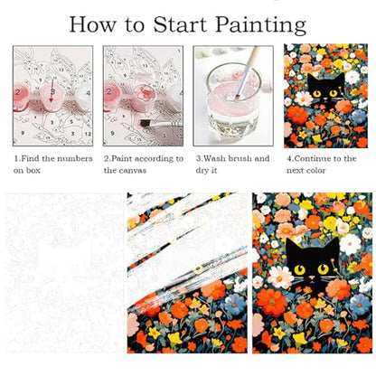 ZRIZQ Paint by Numbers Kit for Adults Beginner,Black Cat Flowers,16x20 | Full set with wooden brushes,rolled canvas,rich paints.Calming activity.Beginner friendly.Just open and paint. - color: 16"X20"Rolled Canvas(Frameless)-Cat 14