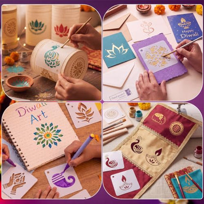 100 Pcs Small Stencils for Crafts, 2 Inch Reusable Cute Stencils for Painting on Wood DIY Craft for Drawing Templates Wall Home Decor Canvas Fabric (Diwali) - style: Diwali