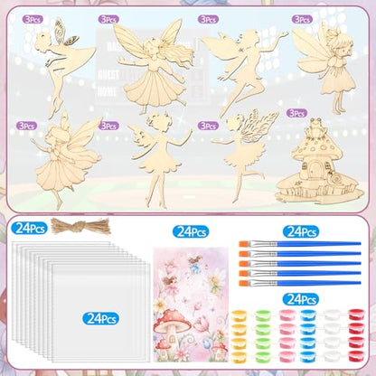 Saypacck 24 Pcs Fairy Birthday Party Favors Wooden Paint Craft Kits | Fairy Theme for Goodie Bags, Organza Bag Packaging, Kids Party Activity, Wooden Ornaments DIY - style: Fairy