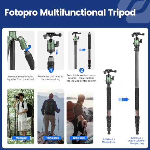 Fotopro 60" Carbon Fiber Camera Travel Tripod, 2lbs Super Lightweight Compact Tripod with 360° Metal Ball Head, Detachable Monopod, with Arca QR Plate & Bag, Load up to 8KG/17.63lbs, for SLR DSLR - color: Green, size: 62" Basic (Carbon Fiber)