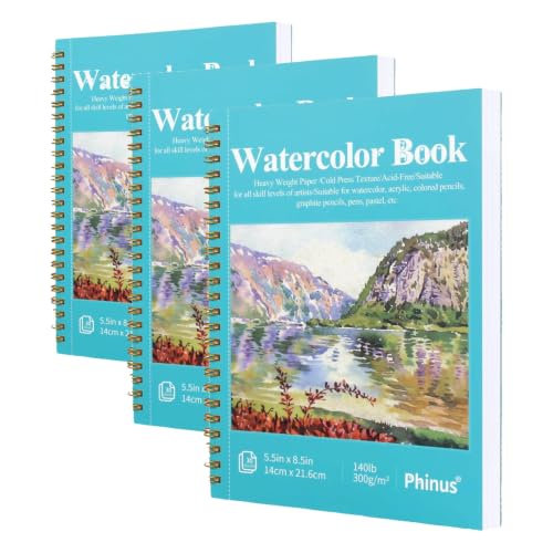 Phinus 30 Sheets Watercolor Sketchbook 5.5 x 8.5 Inch, Watercolor Paper Cold Press (140lb/300gsm), Spiral Bound Water Color Pad for Adults Kids, Mixed Media, Markers and Art Journaling (Pack of 3) - size: 5.5 x 8.5 inch (Pack of 3)