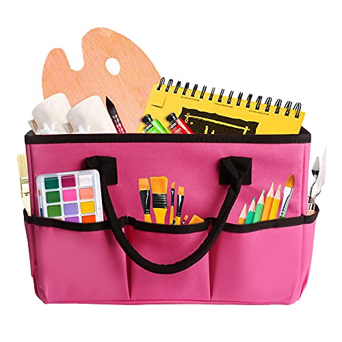 ZKOO Craft Organizer Tote Bag, Portable Art Supply Storage Caddy with 6 Pockets & Removable Divider, Multi-Purpose Teacher Bag for Sewing, Scrapbooking, Office & Travel - Pink, Small - color: Pink, size: Small