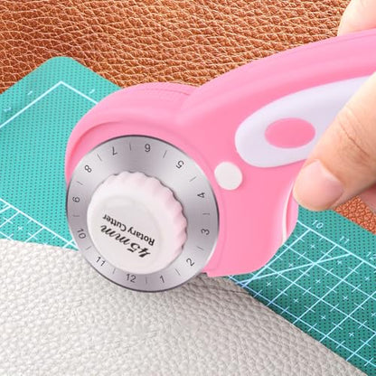 45mm Rotary Cutter for Fabric with 10pcs Replacement Blade, Rolling Fabric Cutter Crochet Edge Skip Stitch Blade for Quilting Crafts Sewing(COLOR:pink)