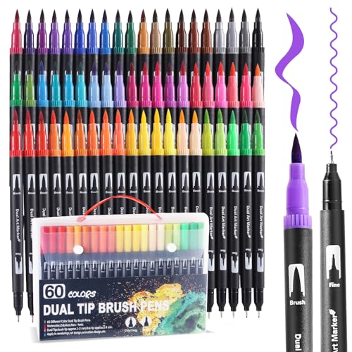 60 Colors Dual Tip Watercolor Markers Pens for School Supplies-Brush & Fine | Coloring Markers No Bleeding for Adult Coloring Books Calligraphy Card Making Sketching Journaling Note Taking Planner Travel