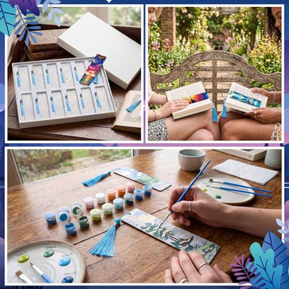 Kosiz 12 Pcs Night Landscape Paint by Number Kit for Adult Wood Bookmark | Mini Paint by Numbers Kit, Painting Decor, Tiny Mountain Tassels Blank Bookmarks, for Small DIY Craft Book Lovers Gift 7x2 '' - style: Night Landscape