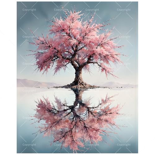 Tree Paint by Numbers Kit for Adults - DIY Pink Cherry Blossom Tree with Water Reflection Painting on Canvas 16x20 Inches, Acrylic Paint Set, Suitable for Beginners, Art for Home Decoration/Gifts - color: HSX00874, size: 16X20IN Folded
