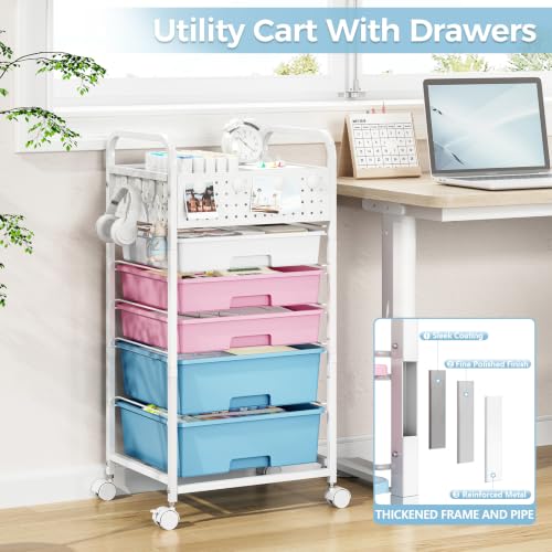 5 Drawer Rolling Storage Cart with Pegboard Top and Hooks, Pink&Blue - color: Pink&Blue, size: 5-Drawers