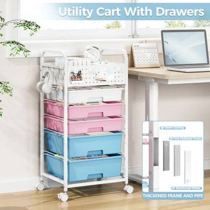 5 Drawer Rolling Storage Cart with Pegboard Top and Hooks, Pink&Blue - color: Pink&Blue, size: 5-Drawers