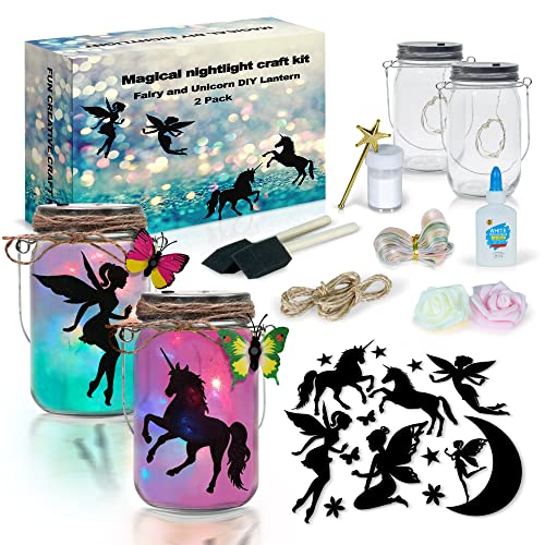 2Pepers DIY Fairy and Unicorn Nightlight Craft Kit (2 Pack), Fairy Lantern Jars Arts and Crafts for Girls, Make Your Own Unicorn Lamp Decor Craft Project, Gifts for Kids - color: Turquoise- Fairy & Unicorn (2 pack)